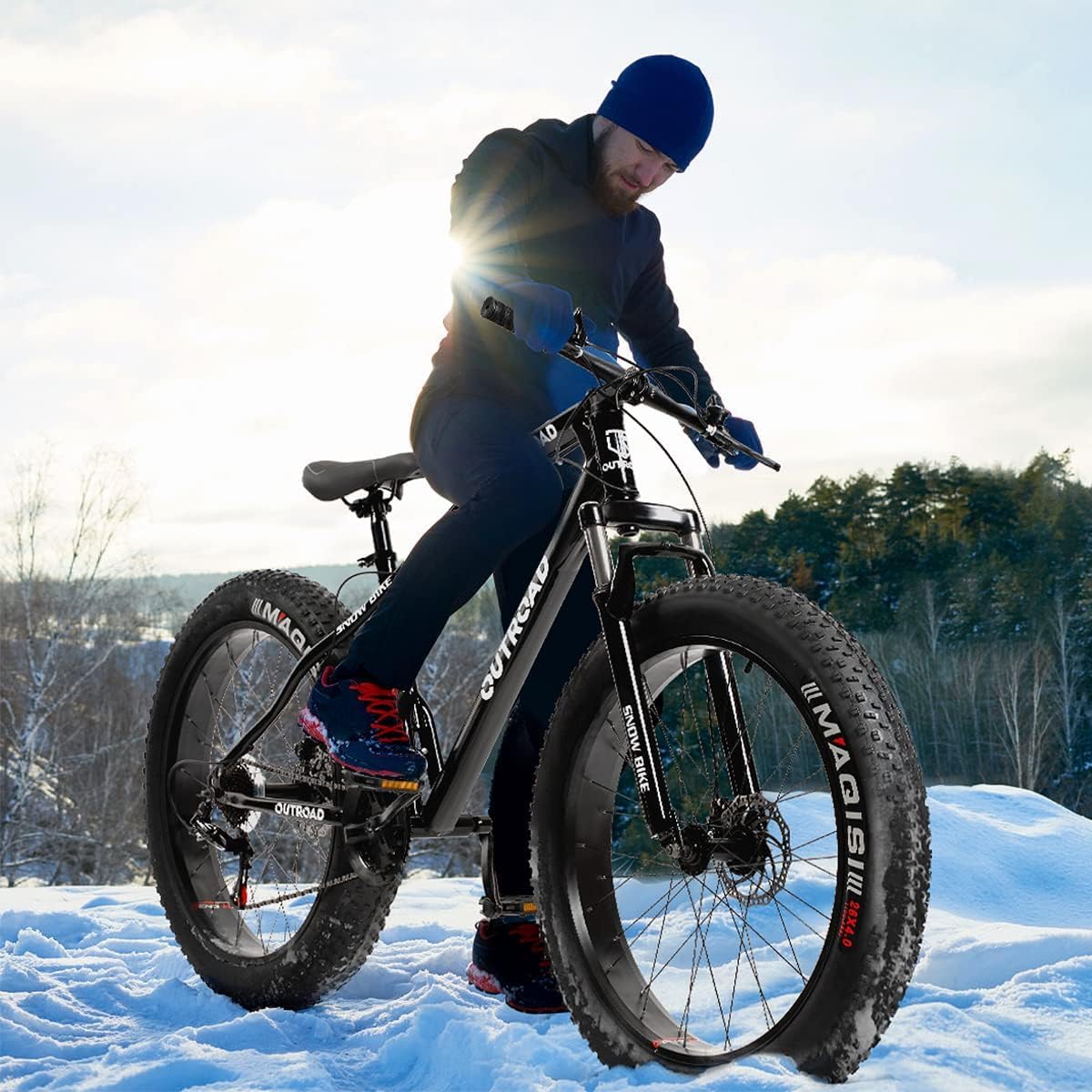 Outroad Mountain Bike Fat Tire with 4-Inch Tire 26 inch Wheels, 21 Speed with High Carbon Steel Frame, Double Disc Brake and Front Suspension Anti-Slip Bikes for Men and Women, Black