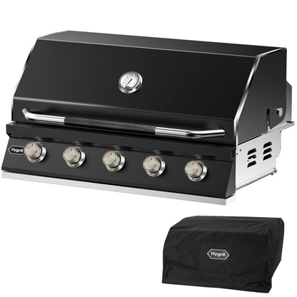 Hygrill STD Series 40-Inch Built In Grill for Liquid Propane, Stainless Steel Outdoor Kitchen 5-Burner Grill Head, Black