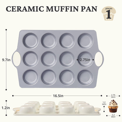 BRONYPRO 12-Cup Non Toxic Nonstick Ceramic Muffin Pan & Cupcake Tin, PFOA & PFOA Free, Heavy Duty Rust-Resistant Aluminized Steel, Oven Safe, Cream White