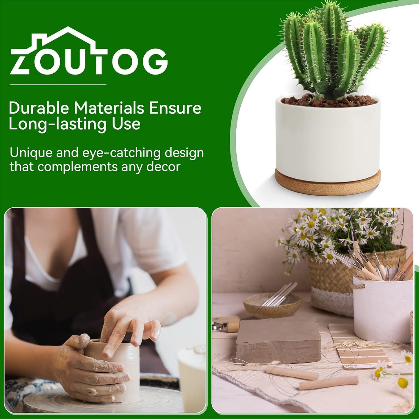 ZOUTOG White Mini Succulent Planter, 3.15 inch Ceramic Pot with Bamboo Tray, Pack of 4