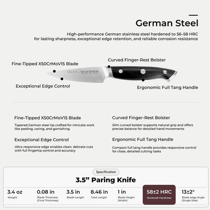 WICKWILLOW 3.5 Inch Paring Knife – Razor Sharp German Steel – Small Kitchen Knife for Home Cooks – Peeling, Trimming & Precision Work – Full Tang & Ergonomic Handle – Gift Box – Velina Series