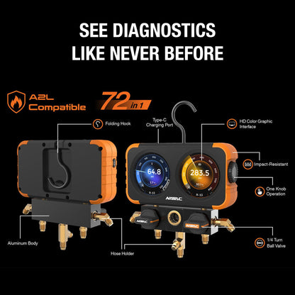 NAVAC N2DX FLEX-X Manifold Gauge Set -HD Color Graphic Interface, Digital Display, A2L Compatible, 72 Refrigerant Support, Rechargeable 100hr Battery, Durable Aluminum Body -Ideal for HVAC Technicians