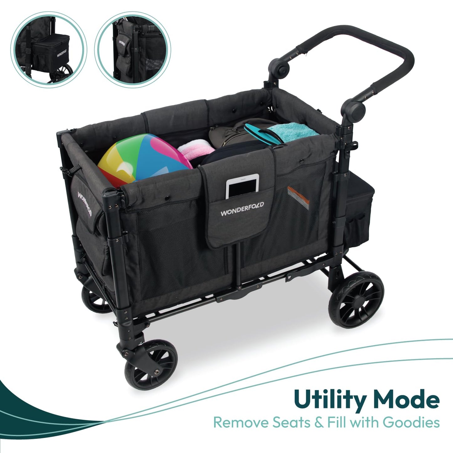 WonderFold W2 Elite Stroller Wagon - Foldable Wagon with Steel Frame - Adjustable Canopy & Push Handle - All-Terrain Wheels - for Babies, Toddlers & Kids - 2 Seater - Jet Black
