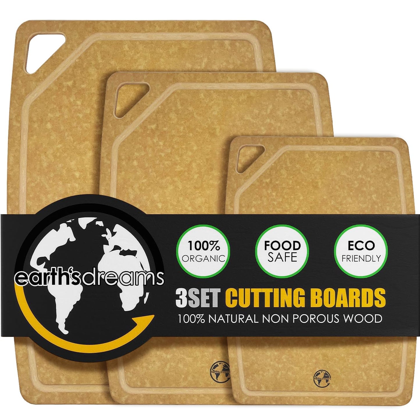Composite Wood Cutting Board Set of 3 – Dishwasher Safe, Non-Toxic & Plastic-Free Cutting Boards for Kitchen – Large, Medium & Small Non-Slip Wood Charcuterie & Chopping Boards (Tan/Juice)