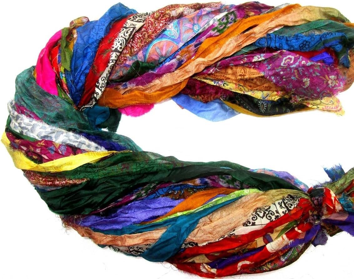 42 Yards Recycled Sari Silk Ribbon Yarn Strips – 21 Pcs 1 Yard Each, Unstitched Pure Silk Fabric Tassel Skeins, Mixed Random Shades for Journaling, Scrapbooking, Jewelry & Craft Projects