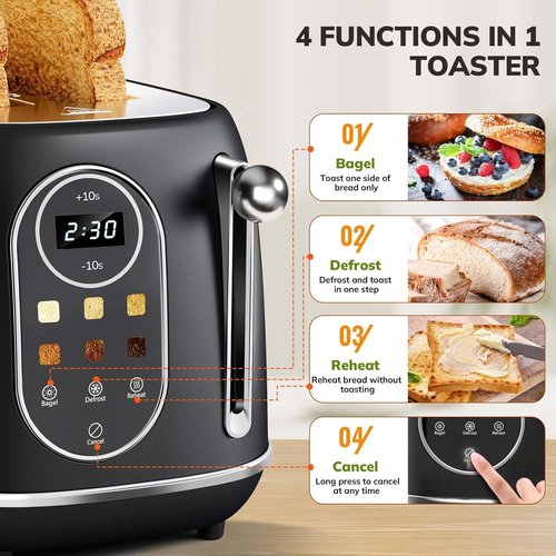 Keenstone 2-Slice Smart Touch Screen Toaster - Retro Stainless Steel with 6 Browning Levels & Removable Crumb Tray | Black