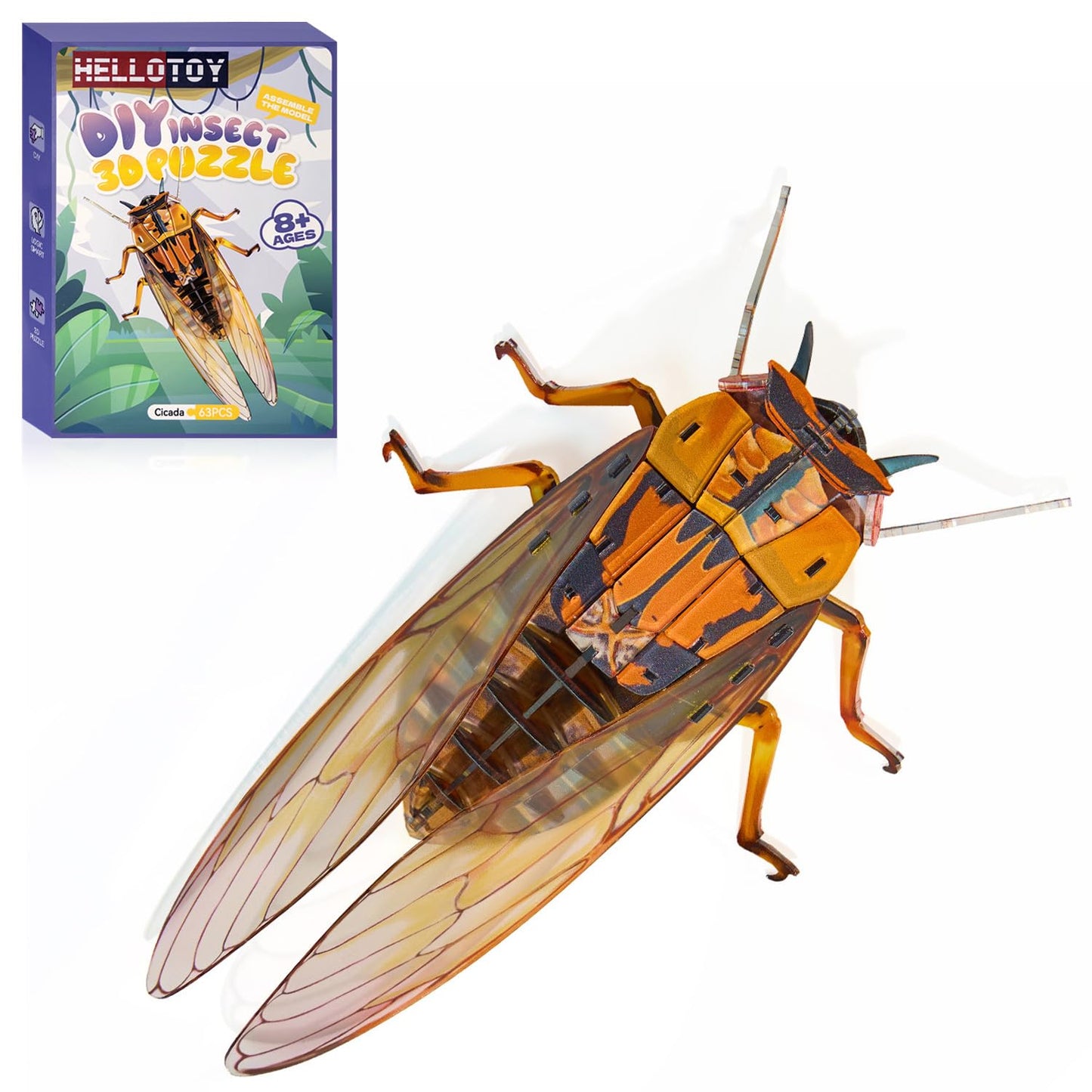 HELLOTOY 3D Acrylic Insects Puzzles DIY Bug Model Kit for Teenagers Educational Display Nature Decoration Figurine Sculpture (Cicada)