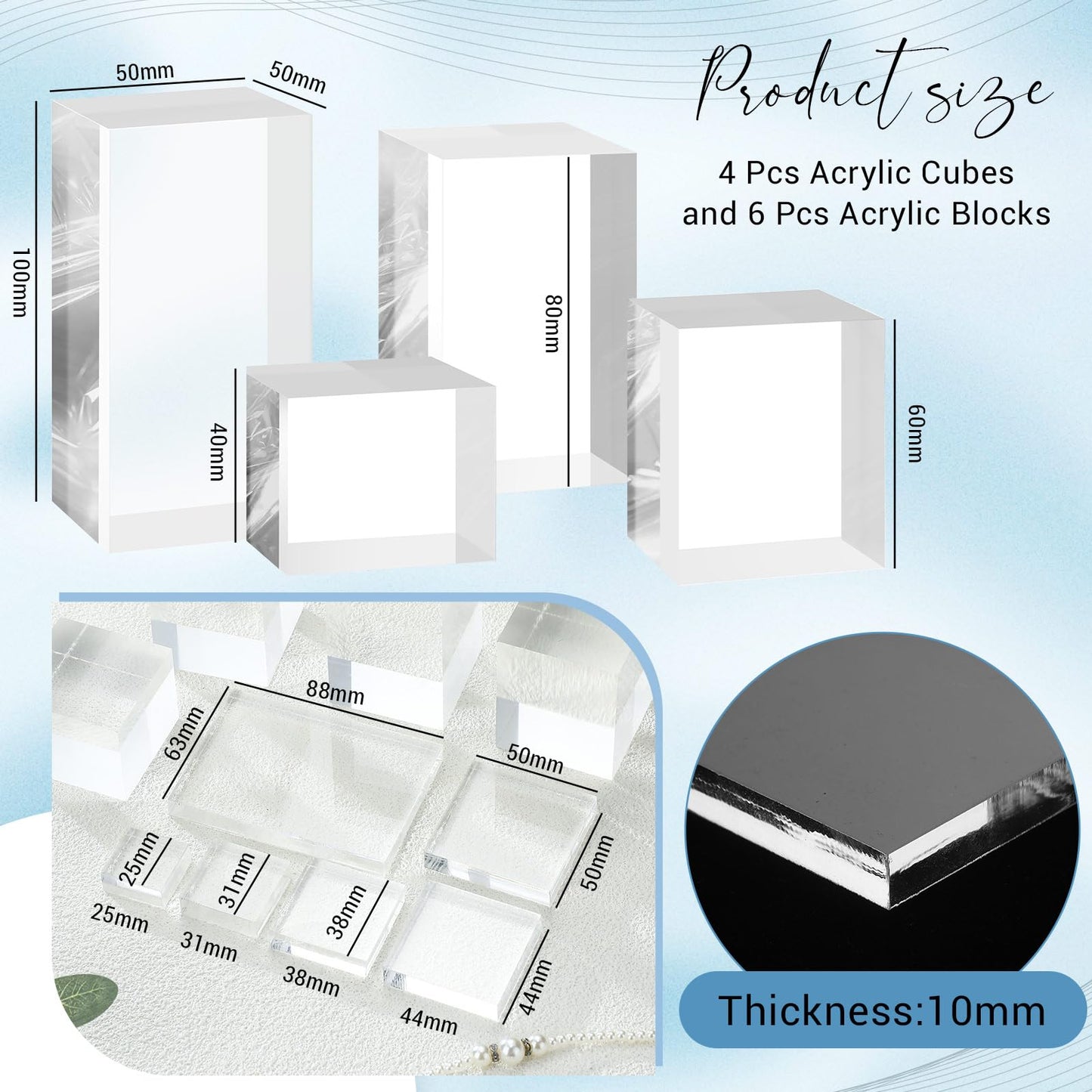 Marsui 10 Pcs Acrylic Cubes for Display Product Photography Props Transparent Acrylic Block Set for Boutique Jewelry Cosmetic Crafts Closet Show(Square, 10 Sizes)