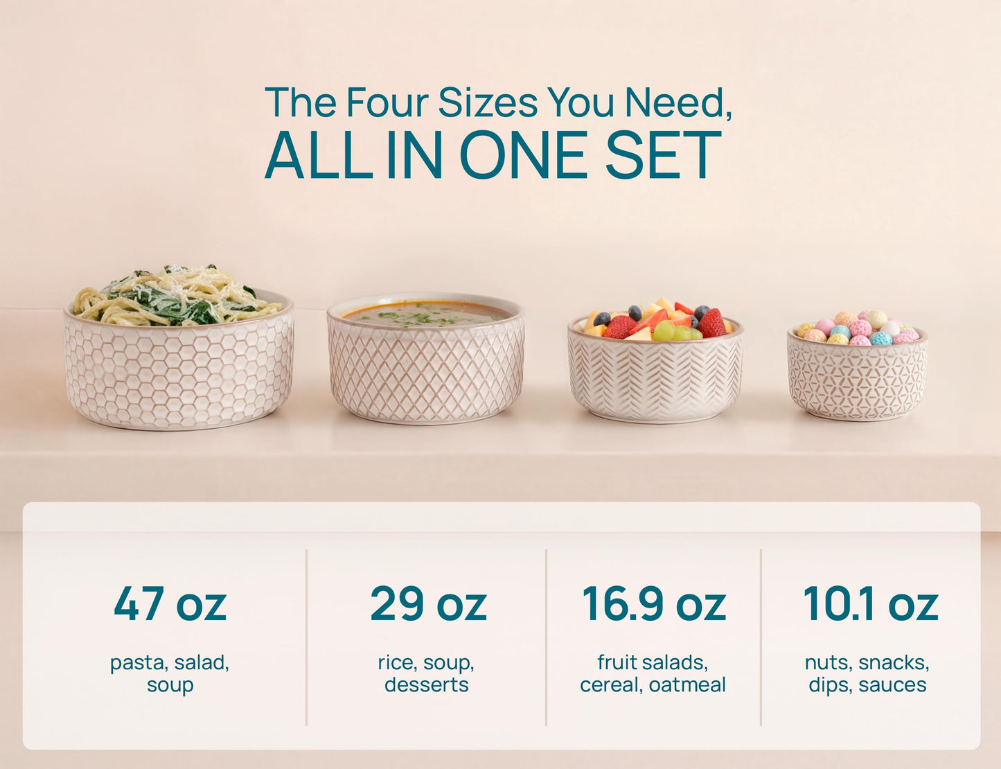 KooK Serving Bowls, with Lids, Ceramic Nesting Bowls, Set of 4, Embossed, Kitchen, Prep, Stackable, Gift, Microwave and Dishwasher Safe, 10/16/29/47 oz, Narbonne Collection (Ivory)