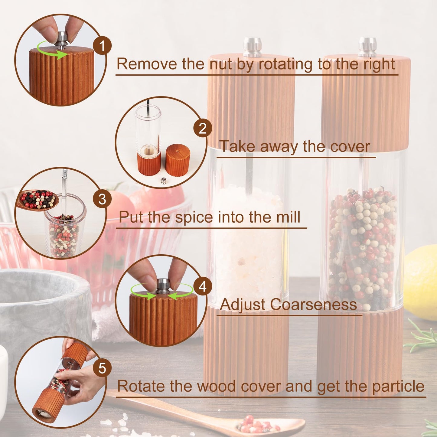SETRON Acacia Wooden Salt and Pepper Grinder Set, 8 Inches Refillable Salt and Pepper Mills with Adjustable Ceramic Core, Manual Salt and Pepper Shakers for Kitchen Cooking and Gifts