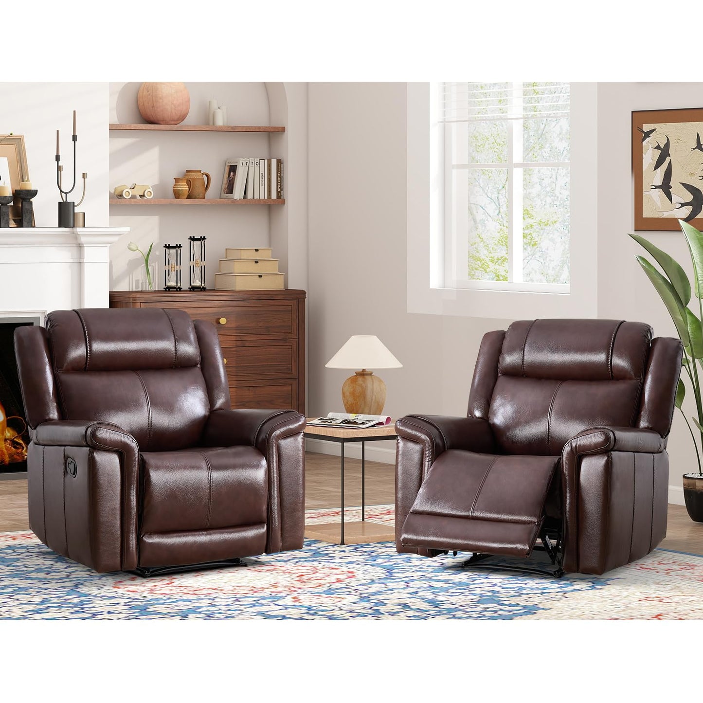 ANJ Premium Genuine Leather Manual Recliner Chair for Adults, Overstuffed Recliners Set of 2 with Padded Backrest, Heavy Duty Reclining Sofa for Living Room, Rust Brown