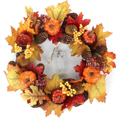 Lighted Fall Harvest Thanksgiving Wreath with Maple Leaf - 12 Inches, Front Door Wall Decor