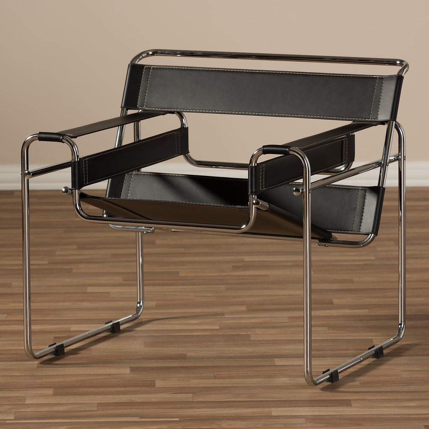 Baxton Studio Wassily Style Mid Centry Modern Accent Chair,Steel Frame and Faux Leather, Wide Seating