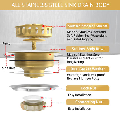 Exakey Gold Sink Drain Strainer 3-1/2 Inch Kitchen Sink Drain Assembly Kit with Stainless Steel Strainer Basket and Drain Stopper for Standard Kitchen Sink Brushed Gold
