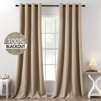 MIULEE 100% Blackout Linen Textured Curtains - Thermal Insulated Copper Brown | Room Darkening Drapes 52 x 120 Inch (2 Panels)