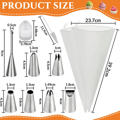 11 Piece Reusable Piping Bags and Tips Set - Cotton Baking Kit with Coupler Stainless Steel Nozzles Cleaner for Cupcakes Cookies Churros