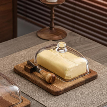 Acacia Wood Butter Dish with Knife and Glass Cover for Cheese, Butter, Cake, Dessert Serving Tray Elegant Kitchenware (1 knife)