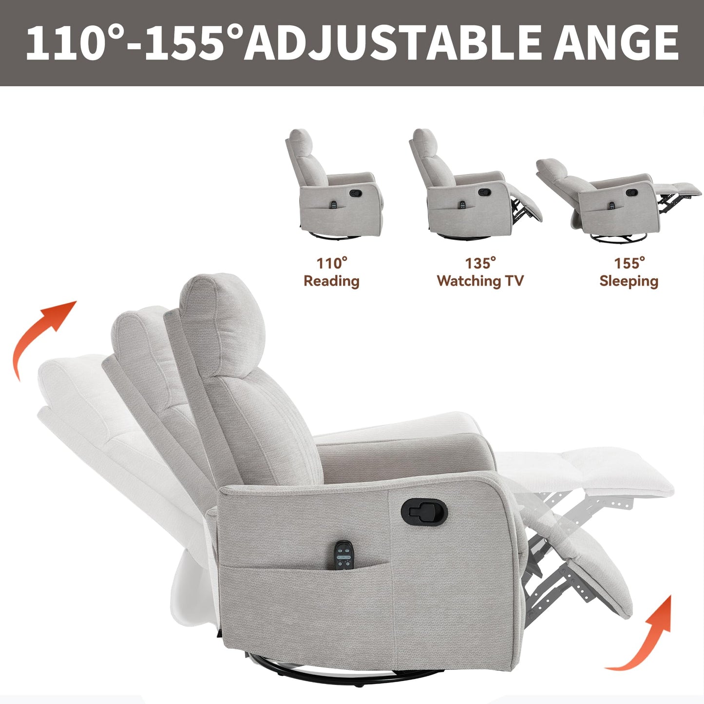 KEIKI 4-in-1 Manual Swivel Rocker Recliner Chair for Living Room, Chenille Nursery Glider Rocking Chairs with Back Massager & Heat, Comfortable Reading Chair Modern Bedroom Furniture, Light Grey