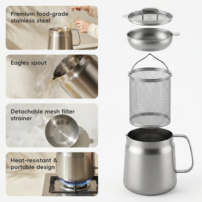 PUCOHOUSE 2L/68oz 304 Stainless Steel Deep Fryer Pot with Basket, Strainer & Lid, Large Capacity Oil Filter Container & Bacon Grease Saver, Dishwasher Safe for Kitchen, Frying, Camping