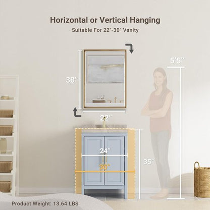 Brushed Gold Bathroom Mirror by [Brand Name] - 22x30 Beveled Edge Rectangle Vanity Mirror | Anti-Rust Frame