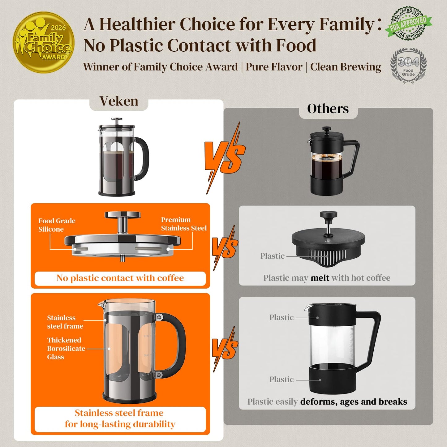 Veken French Press Coffee Maker 34oz, No Plastic Touching Cafe,Thickened Glass Stainless Steel Brewer, Cold Brew Cafetera Tea pot for Kitchen Travel Camping, Gifts, Decor, Bar Accessories, Dark Pewter