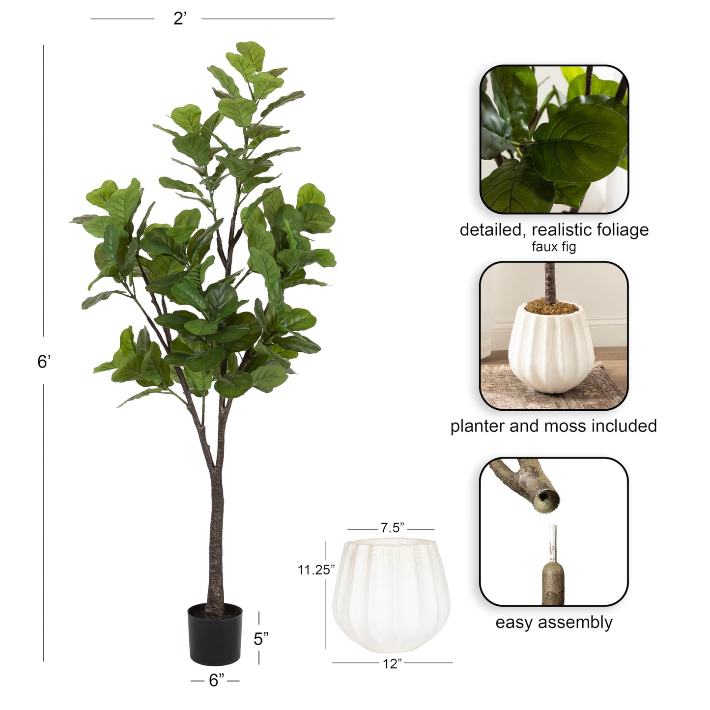 Kate and Laurel Fidmont Faux Fiddle Fig Tree with Claudel Scalloped Planter Pot, 6 FT, White, Potted Artificial Tree Indoor with Realistic Foliage and Added Moss, Fake Plant for Living Room Decor