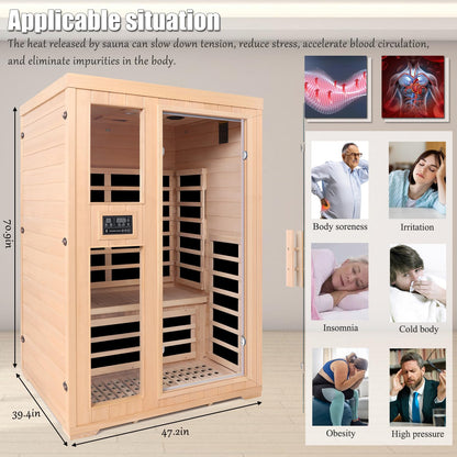 2 Person Indoor Home Infrared Sauna Room for Home Gym, Canadian Hemlock Wood, 616 * 220mm Red Light Beauty System, Fast Heating to 140°F, 110V/1800W, Bluetooth MP3, Gift for Family