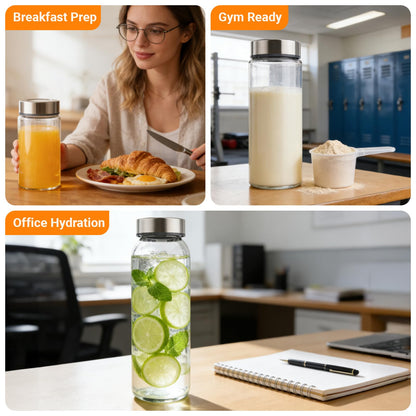 Cafezi 16 oz Wide Mouth Glass Juice Bottles with Stainless Steel Lids, Leakproof, Airtight, Reusable, Dishwasher Safe, Cup Holder Friendly, Brush Included, for Juicing, Smoothie, Infused Water, 4 Pack