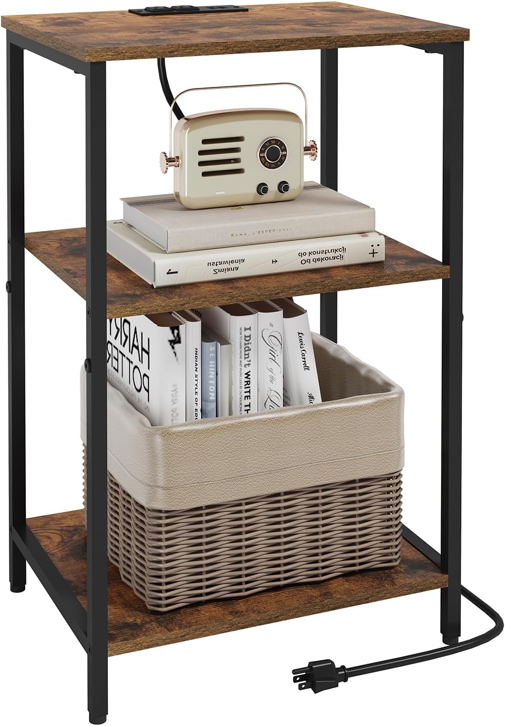X-cosrack Side Table with Charging Station, End Table with USB Ports and Outlets, Nightstand with Storage Shelves