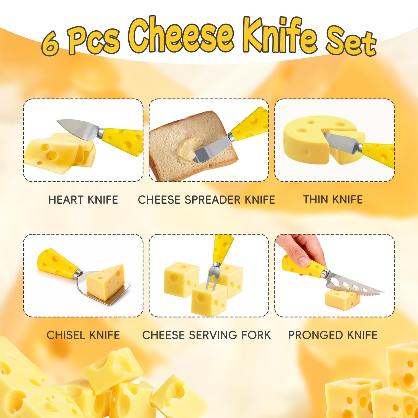 Pershook Cheese Slicer, with Measuring Grids Board & 6 Piece Cheese Knives, Stainless Steel Cheese Cutter with Blade, for Block Cheese, Butter and Sausages, Dishwasher Safe