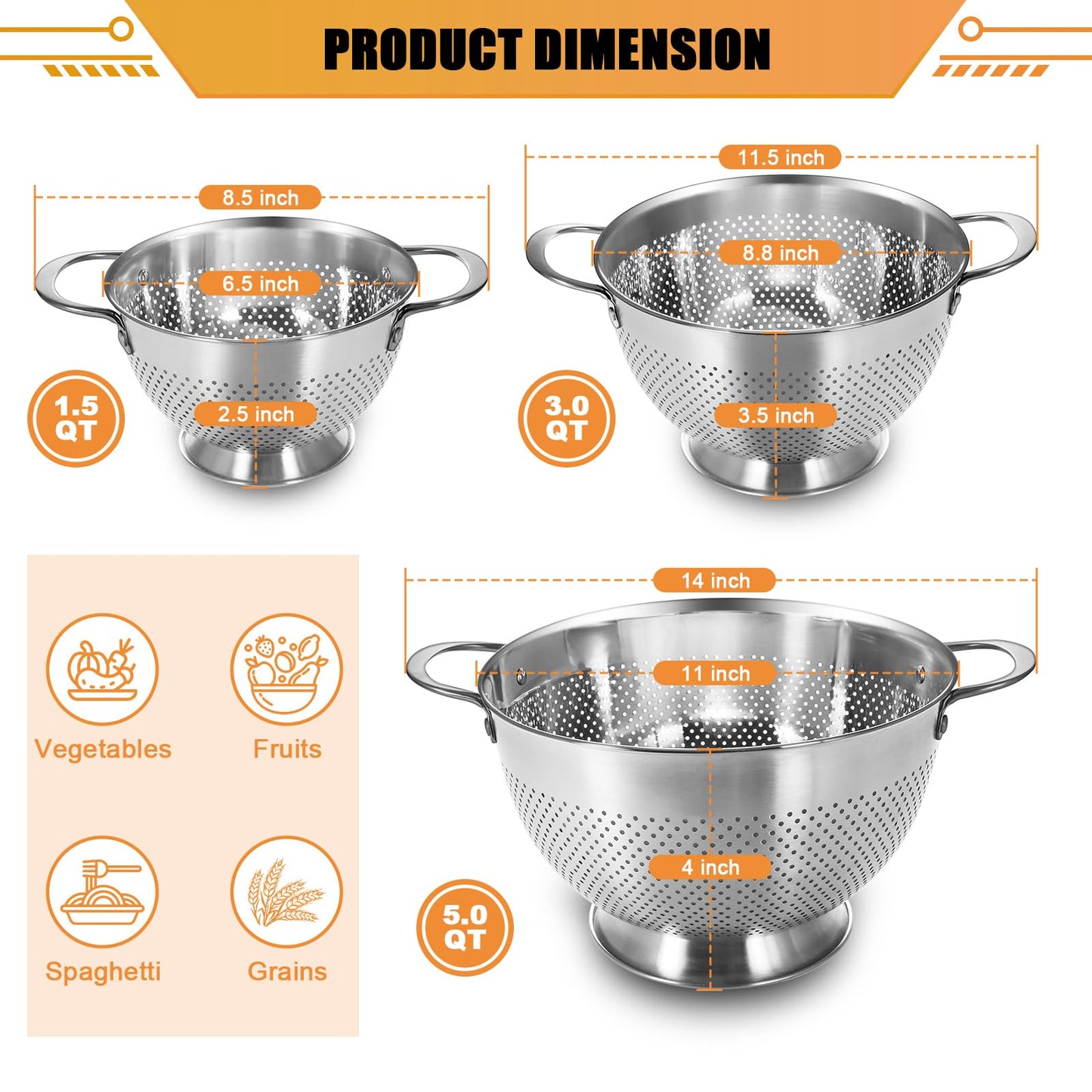 Stainless Steel Colander Set of 3 (1.5-3-5Quart) | Durable Rice and Pasta Strainer with Handle | Oversized Handles | Nesting Design | Rust-Resistant & Dishwasher Safe