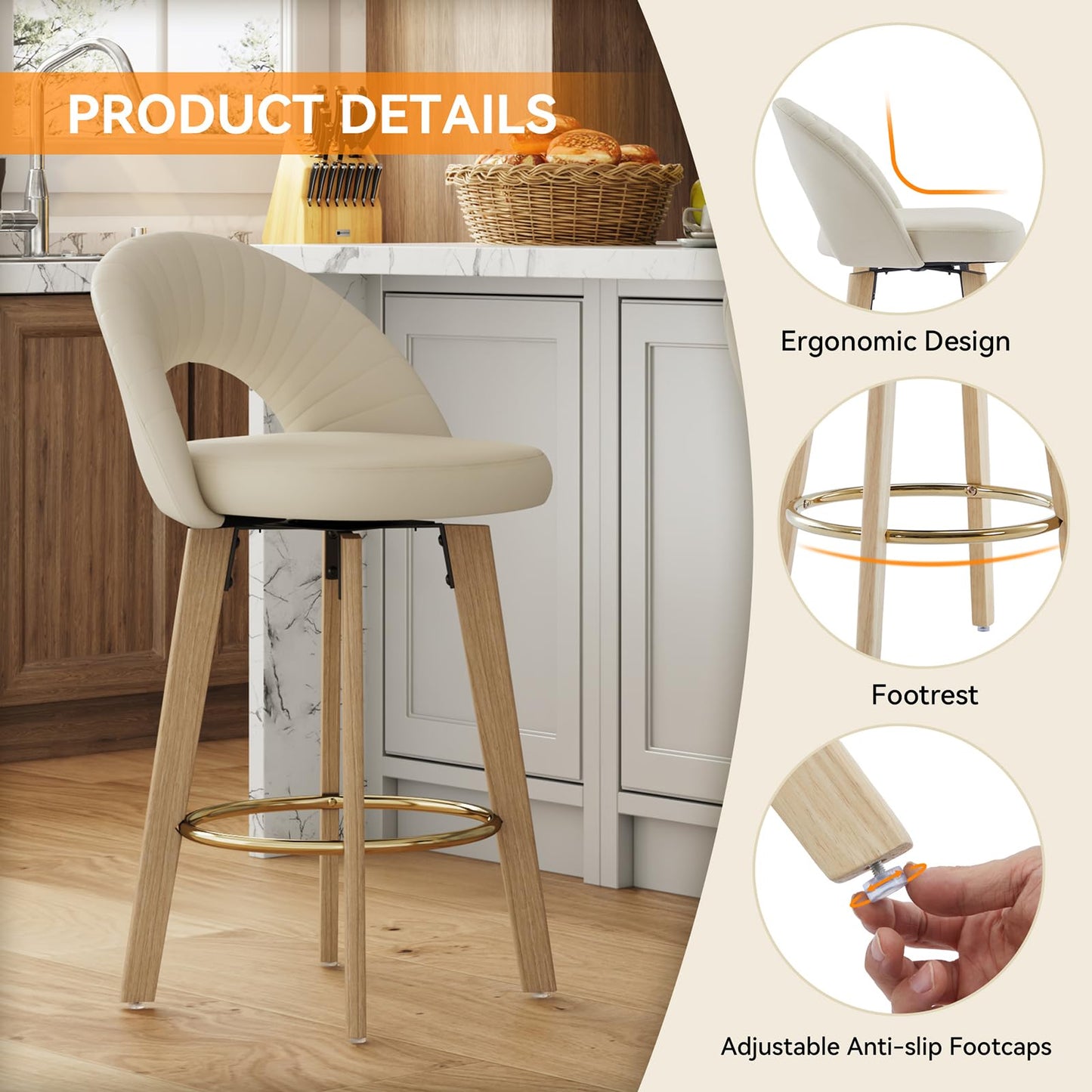 FERFALDER Bar Stools Set of 2, Swivel Counter Height Bar Stools with Bentwood Legs,Metal Footrest,Mid Century Modern Faux Leather Upholstered Counter Stools for Kitchen Island, Bar, Restaurant-Beige