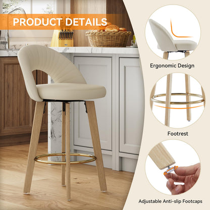 FERFALDER Bar Stools Set of 2, Swivel Counter Height Bar Stools with Bentwood Legs,Metal Footrest,Mid Century Modern Faux Leather Upholstered Counter Stools for Kitchen Island, Bar, Restaurant-Beige