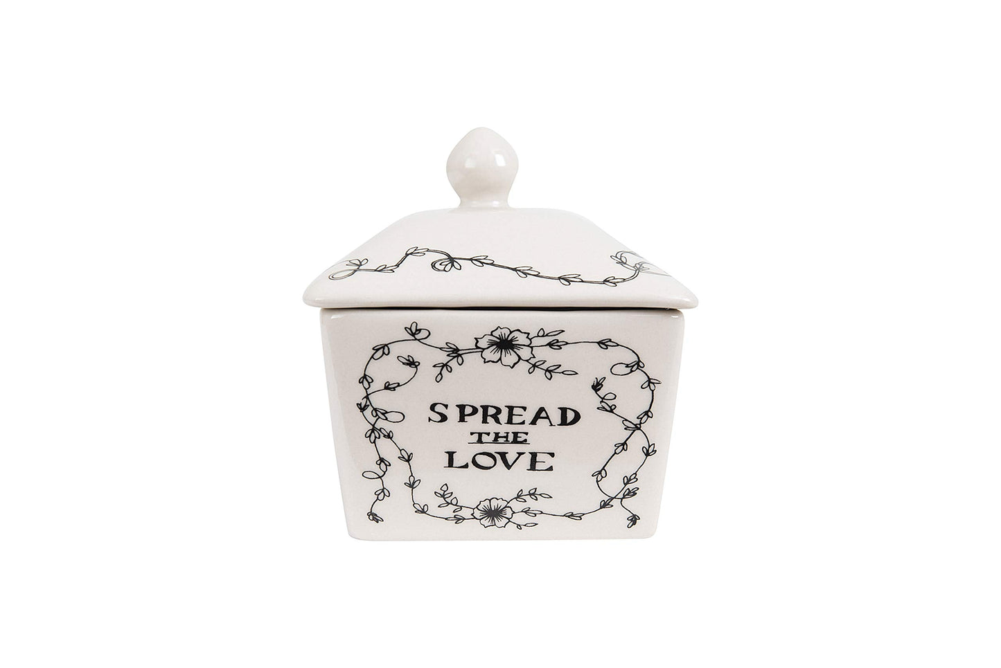 Creative Co-Op Country Stoneware Butter Dish with Lid, "Spread the Love" Message, and Farm Line Drawing, White and Black, Food, Microwave, and Dishwasher Safe