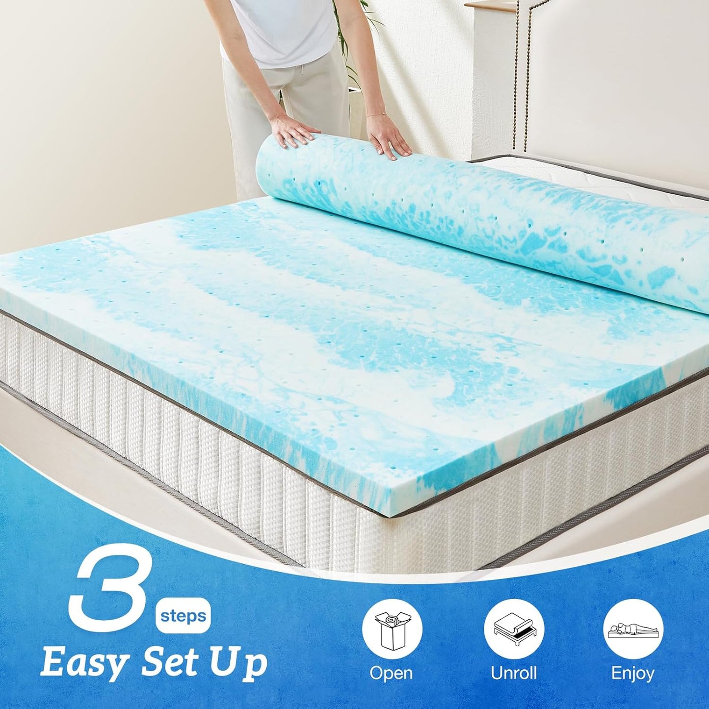 Sweetcrispy Memory Foam Mattress Topper - 4 Inch Thick Gel-Infused Cooling Pad for Twin Beds | CertiPUR US Certified, Breathable Blue