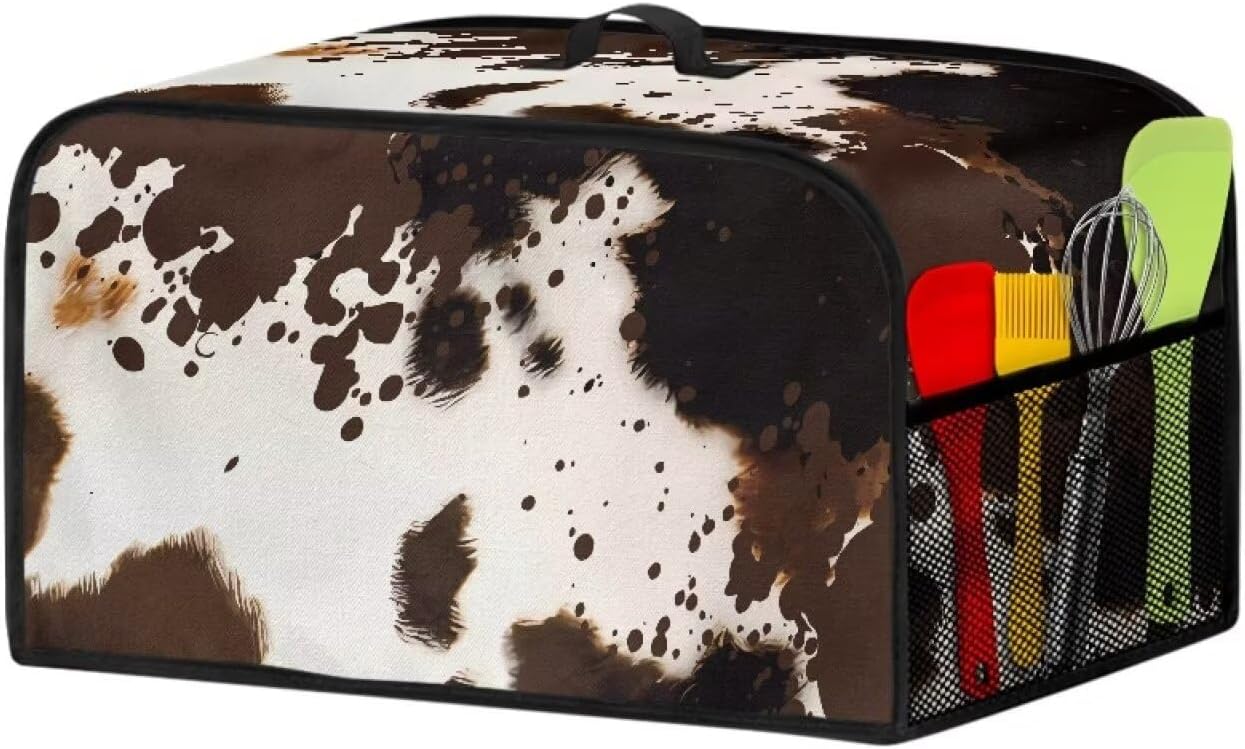 Brown Cow Print Slow Cooker Dust Cover with Side Mesh Pocket, Dustproof Protector for 6, 7 or 8 Quart Crock Pots
