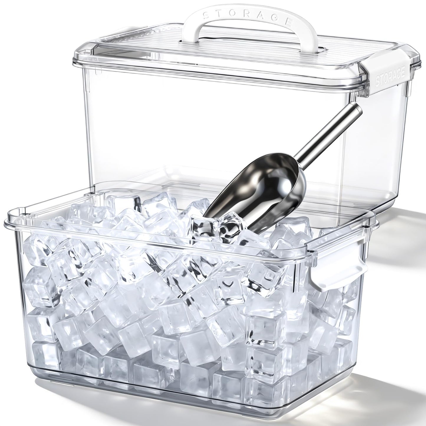 Teecyhooo 2 Set Ice Bin and Metal Scoop Set, Plastic Freezer Ice Bin with Lid, Clear Storage Bucket Plastic Containers Food Scoops for Cocktail Freezer Bar Party Barbeque Camping