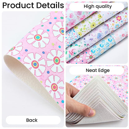CALFOVERA 5PCS 12.8 x 7.8 Inch Floral PU Leather Sheets Blossom Synthetic Vinyl Leather Roll Waterproof Flower Pattern Leatherette Fabric for DIY Crafts Bow Earring Making Sewing Decorations