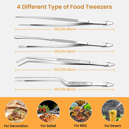GEEKHOM Tweezer Tongs for Cooking, [4 Pack] 12-inch Fine Long Food Tongs, Stainless Steel Kitchen Tweezers for BBQ