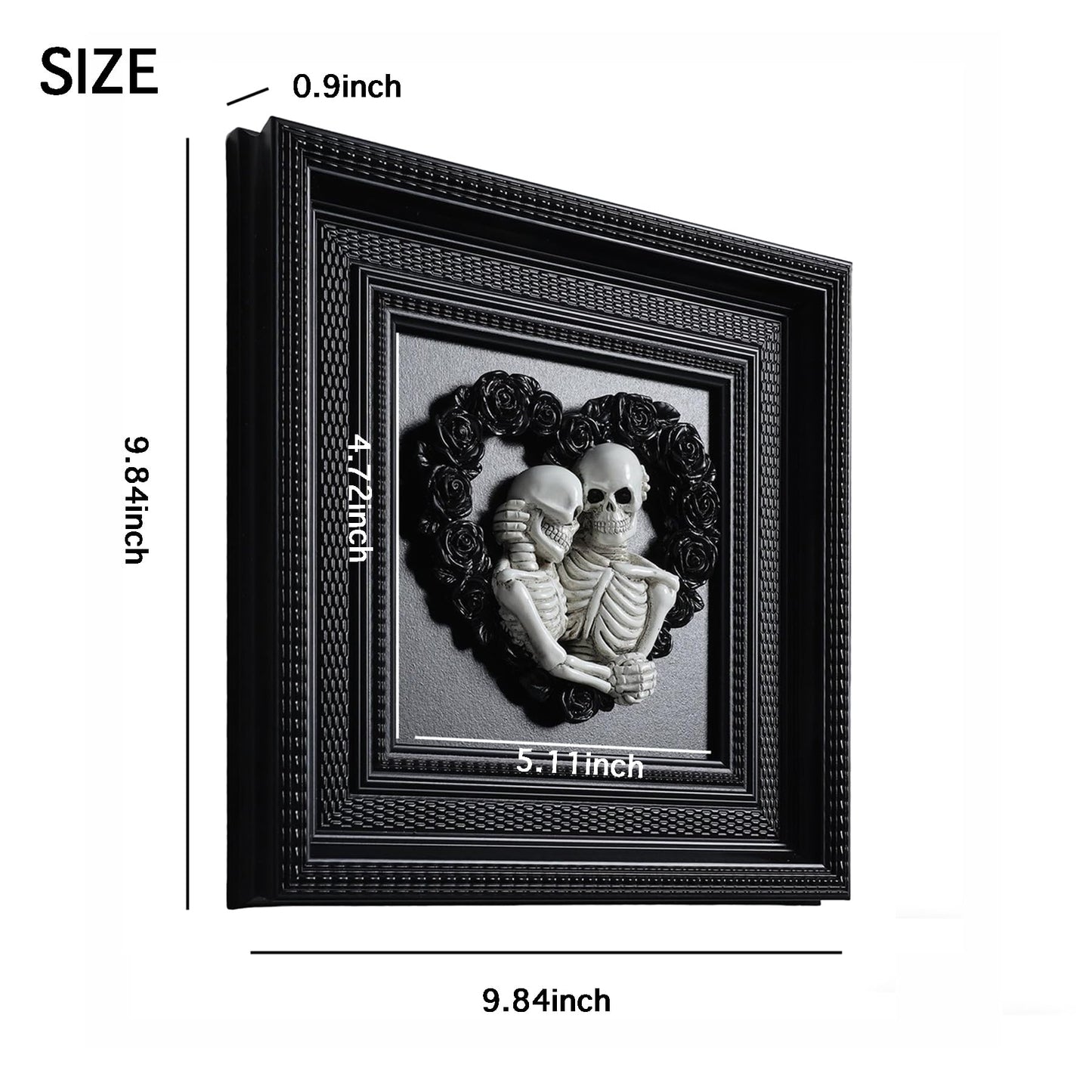 Skeleton Couple Hugging 3d Wall Sculpture Love Never Dies Black Wedding Roses Heart Wreath with Black Framed for Home Decor Accents, Living Room, Entryway Wall Art, Gothic Wall Decor