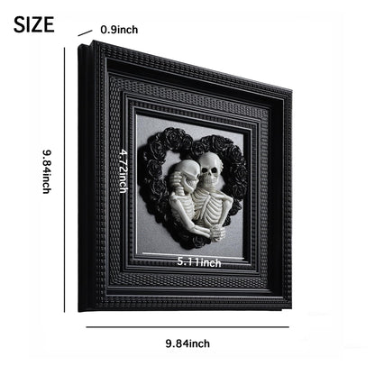Skeleton Couple Hugging 3d Wall Sculpture Love Never Dies Black Wedding Roses Heart Wreath with Black Framed for Home Decor Accents, Living Room, Entryway Wall Art, Gothic Wall Decor