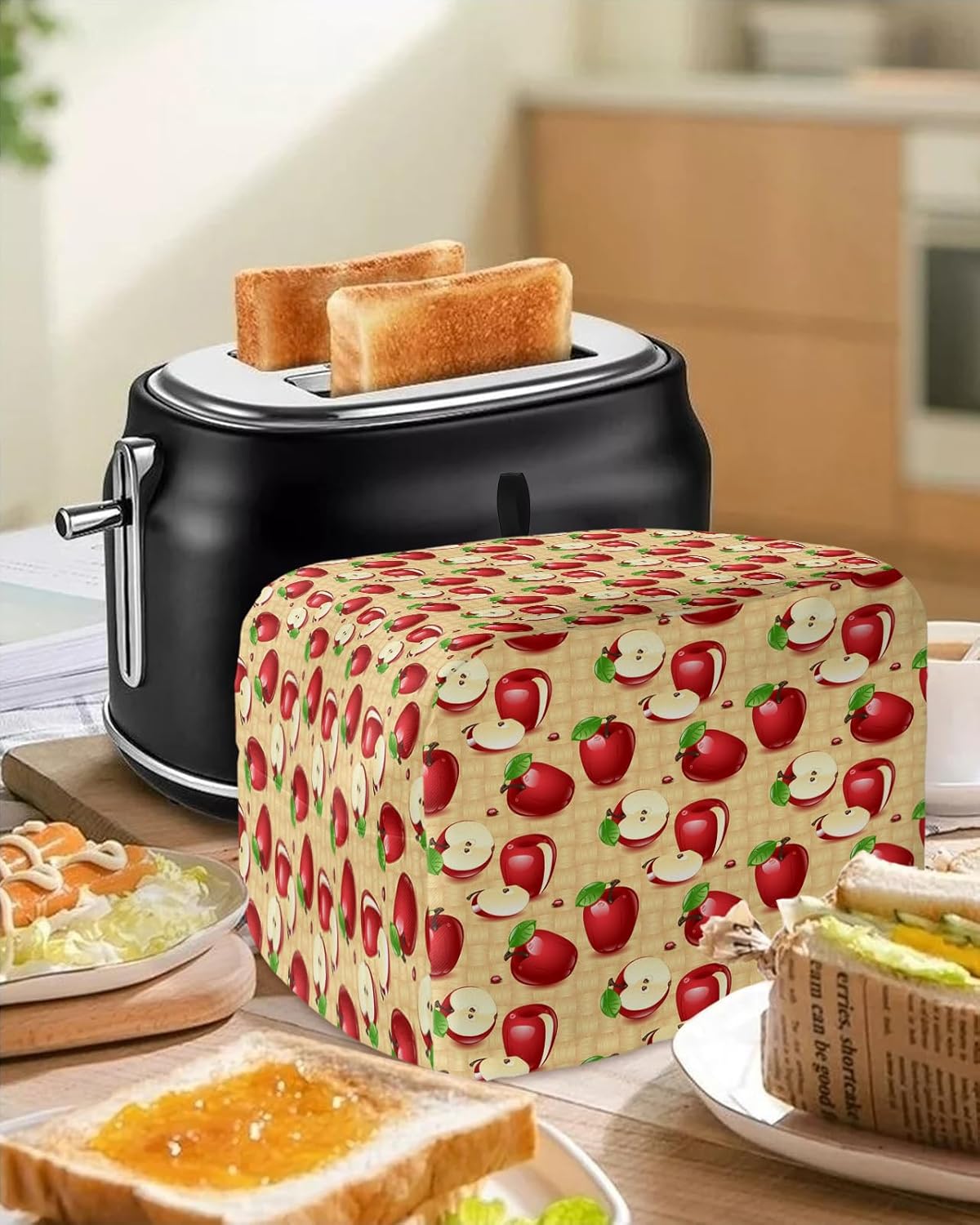 Toaster Dust Cover with Pockets, Red Sliced Apples & Green Leaves, Soft Washable 4 Slice Cover for Fingerprint