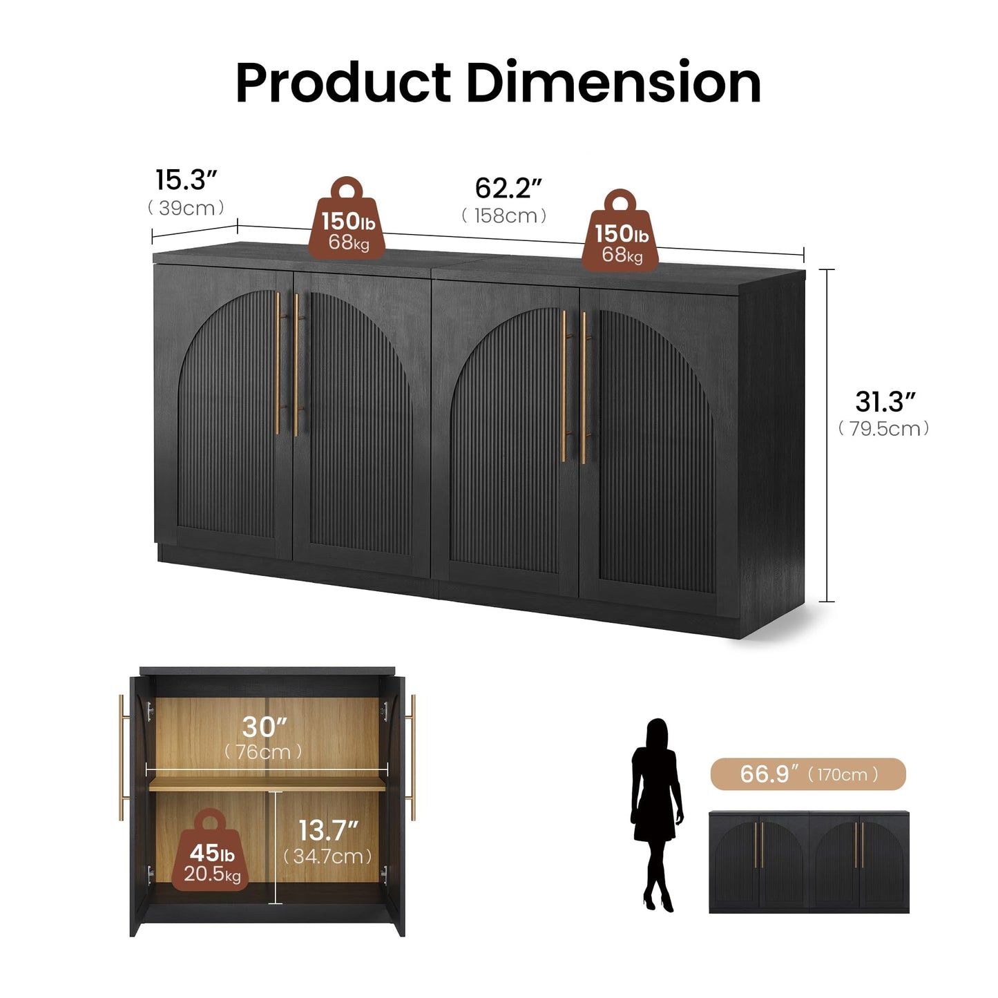 ModernMate Set of 2 Arched Sideboard Cabinets, 62" Modular Storage Buffet Table with Wave-Panel Doors, Black Wood Grain Media Console with Soft-Close Hinges for Living Room