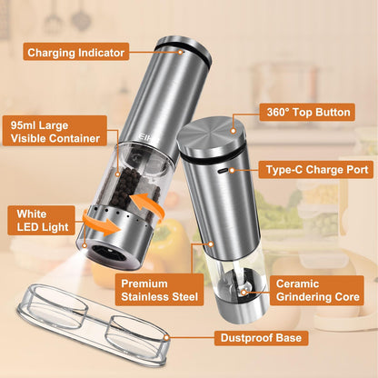 Electric Salt and Pepper Grinder Set Rechargeable, Automatic Salt and Pepper Shakers Mills External Adjustable Coarseness, Kitchen Gadgets, Stocking Stuffers Christmas Cooking Gifts for Men Women
