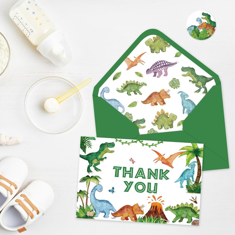 Whaline 24 Pack Dinosaur Thank You Cards Watercolor Green Jurassic Greeting Card with Envelopes Sticker Cute Animal Blank Note Card for Baby Shower Party Invitation Supplies, 4 x 6 Inch
