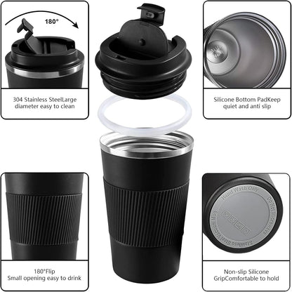 12 OZ) YINBAOGE Insulated Travel Coffee Mug, Spill & Leak Proof, Portable To Go Camping Stainless Steel Coffee Tumbler