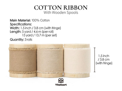 Vitalizart 100% Cotton Ribbon 1-1/2" x 15 Yd Nude Beige Cream Handmade Frayed Fringe Fabric Ribbons for Gift Wrapping Wedding Invites Bridal Shower Bouquets Christmas Decorations