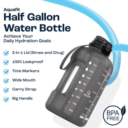 AQUAFIT Half Gallon Water Bottle with Time Marker - Straw & Chug Lid - BPA Free Gym Water Bottle with Straw - Big Gallon Jug (Gray, 64 oz - 2in1 Lid)