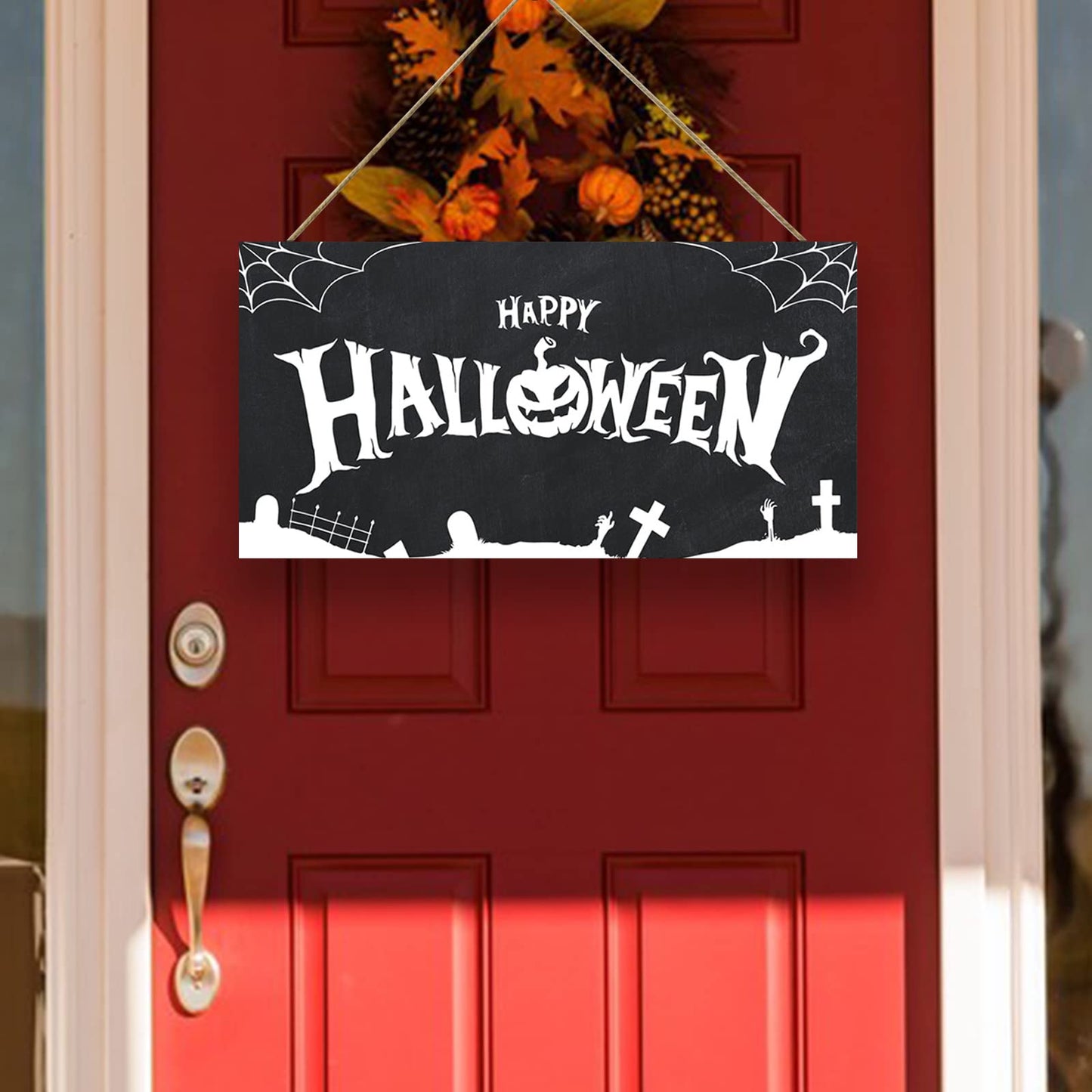 GLLBTPT Halloween Wood Hanging Sign Happy Halloween Decor Sign Spiderweb Sign for Front Door Halloween Decorations Outdoor, Halloween Party Decorations