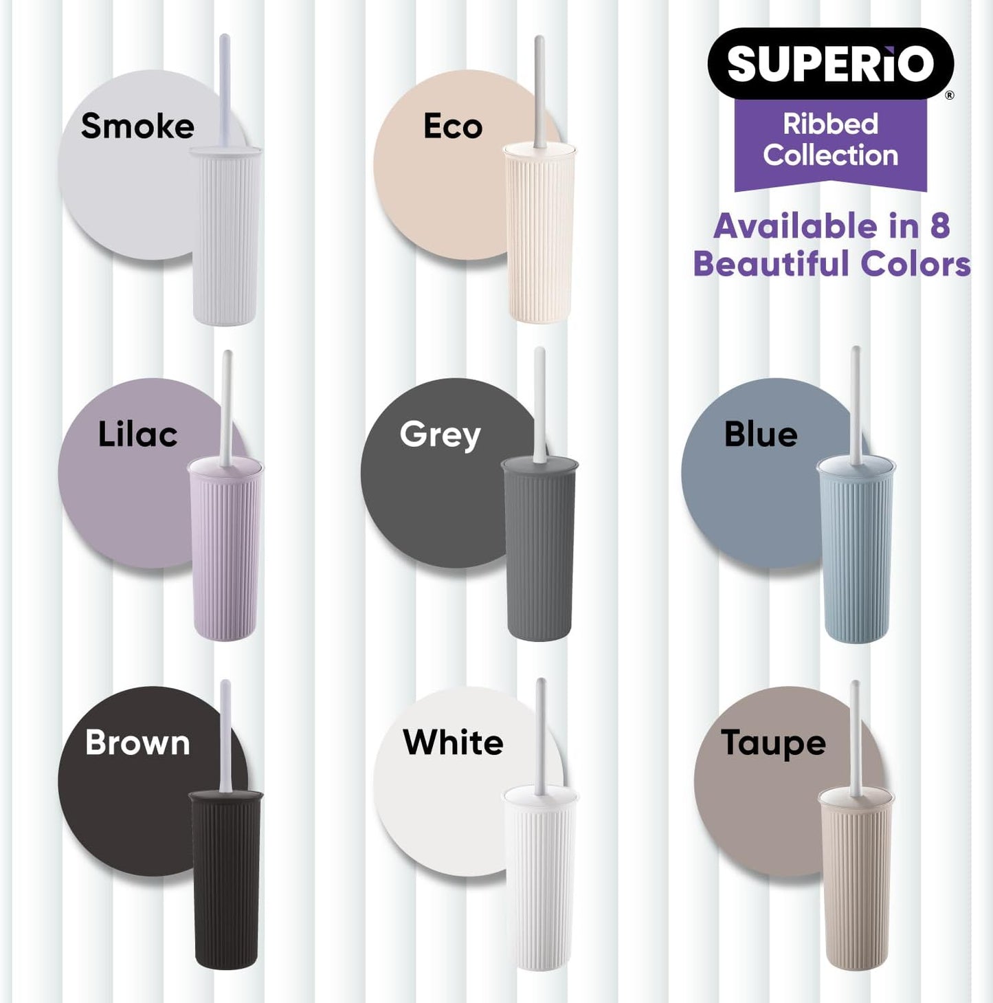Set, (1 Pack) Superio Ribbed Collection - Decorative Plastic Toilet Bowl Brush and Holder White Smoke Cleaner Scrubber